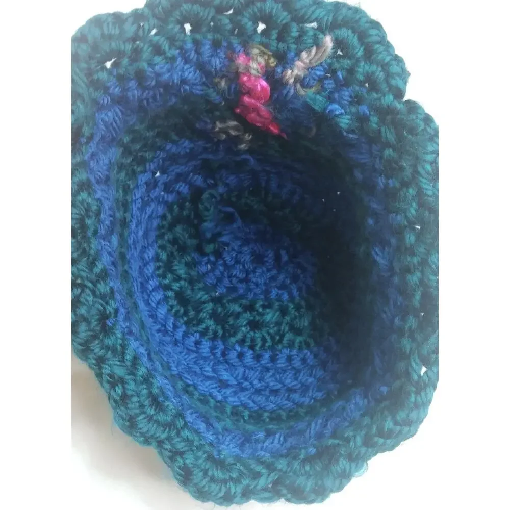 Handmade Crochet Peacock Feather Hat Blue Green Beanie Cottage Core Cozy New
